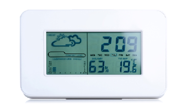 Digital weather monitor against a white background