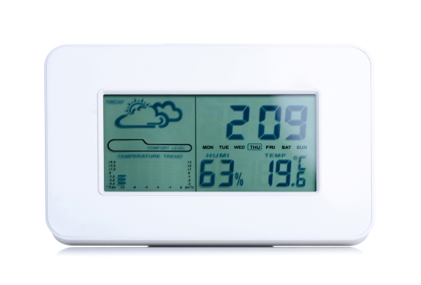 Digital weather monitor against a white background